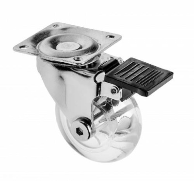 Опора колёсная поворотн.D=75 прозр.со стопором Brazylia, нагрузка 64 кг, KM-RD-75-CF