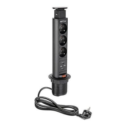 Удлинитель выдвижной 3 розетки AE-BPW3U60U-20 (French) 2xUSB, черный, с проводом 1,5 метра